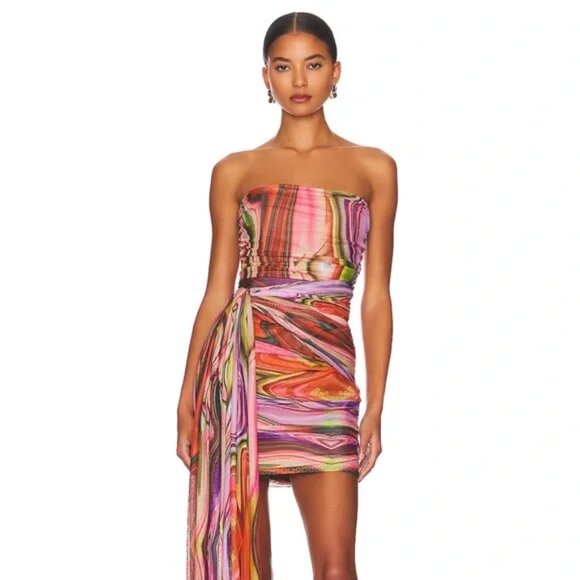🌟 ELLIATT Nala Psychedelic print Mesh Strapless Ruched Cocktail mini Dress XS - Picture 2 of 8